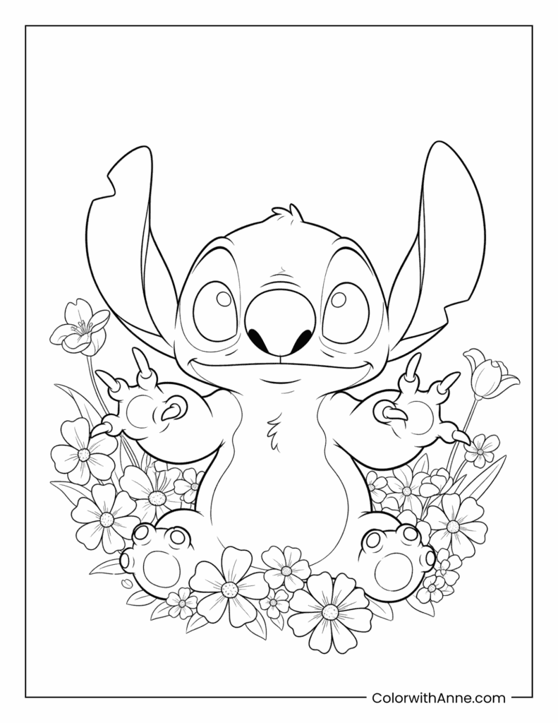 Stitch Surrounded by Flowers Coloring Page