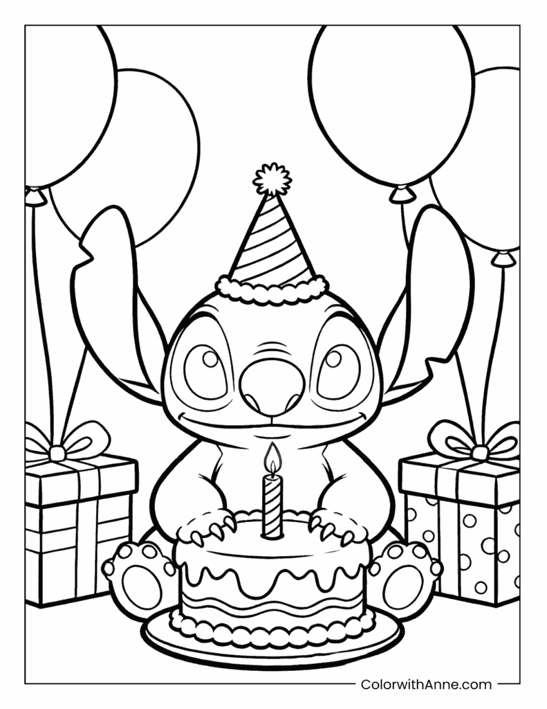 Stitch at a Birthday Party Coloring Page