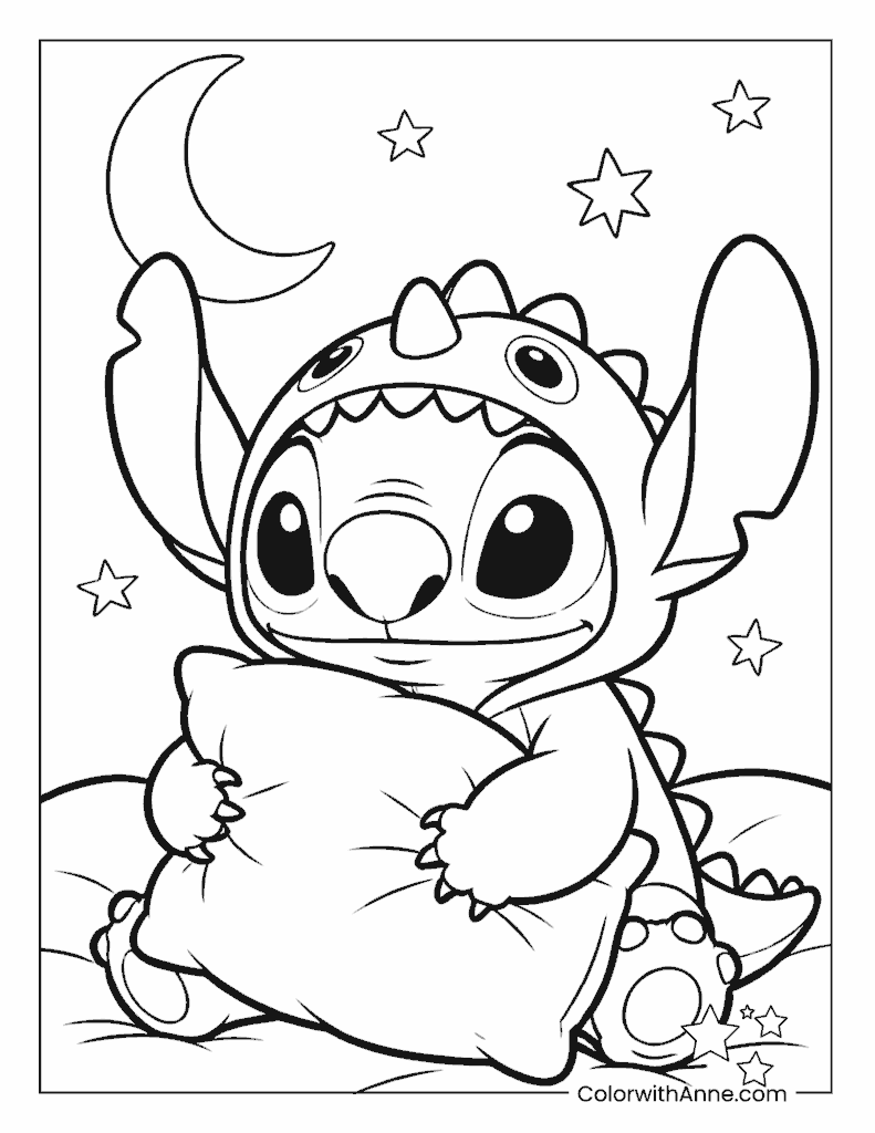 Stitch in a Dinosaur Costume with Pillow Coloring Page
