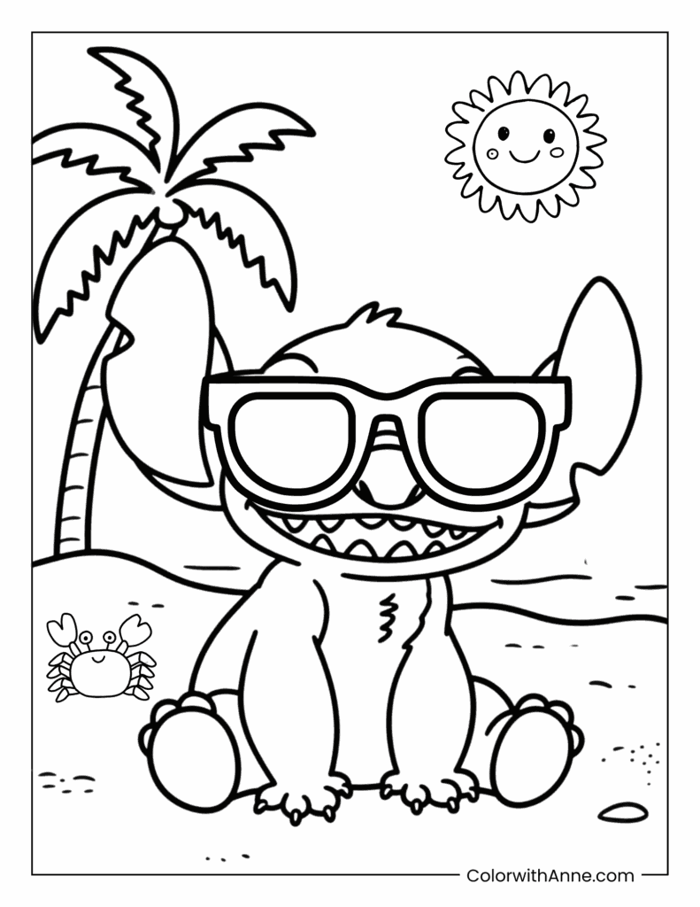Stitch on a Beach Coloring Page