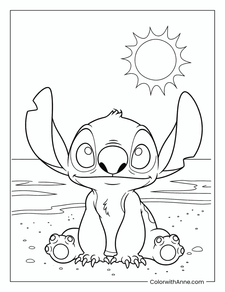 Stitch on the Beach Coloring Page
