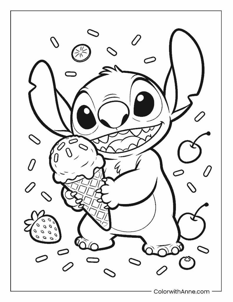 Stitch with a Waffle Ice Cream Cone Coloring Page
