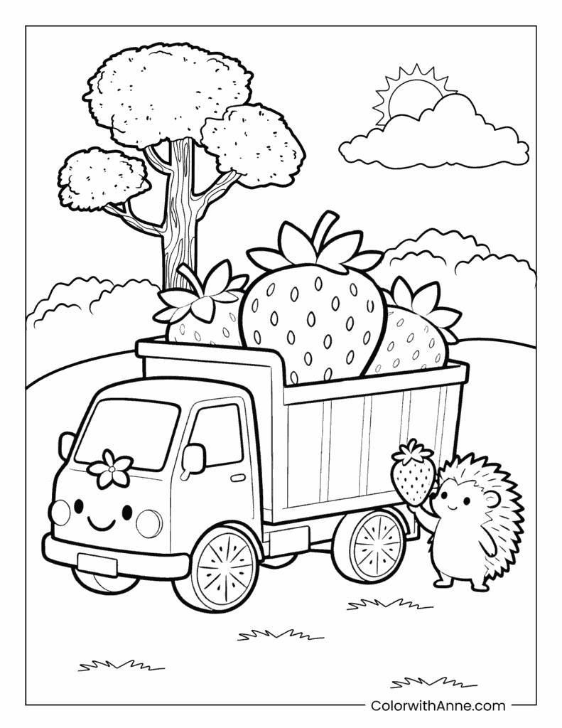 Strawberry Truck & Happy Hedgehog Coloring Page
