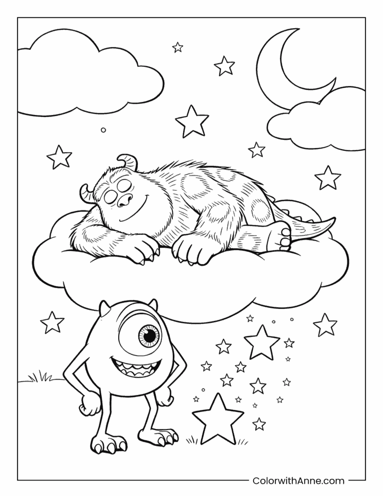 Sulley Sleeping on Clouds with Mike Monsters, Inc. Coloring Page