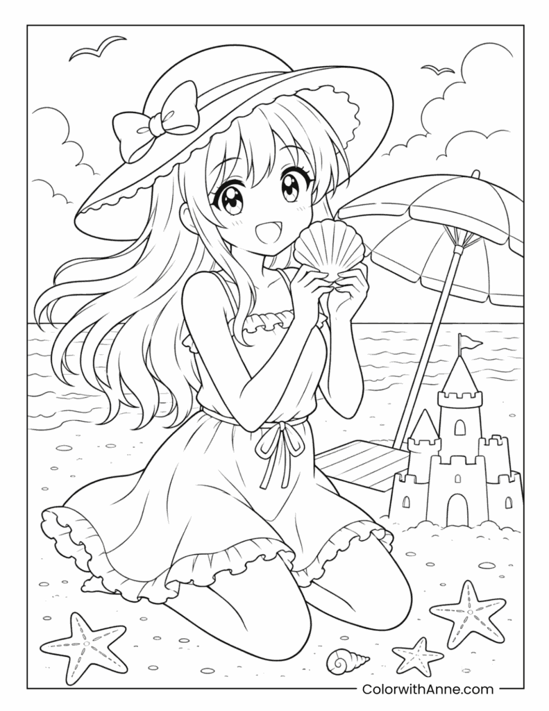 Summer Beach Anime Girl with Seashell Coloring Page