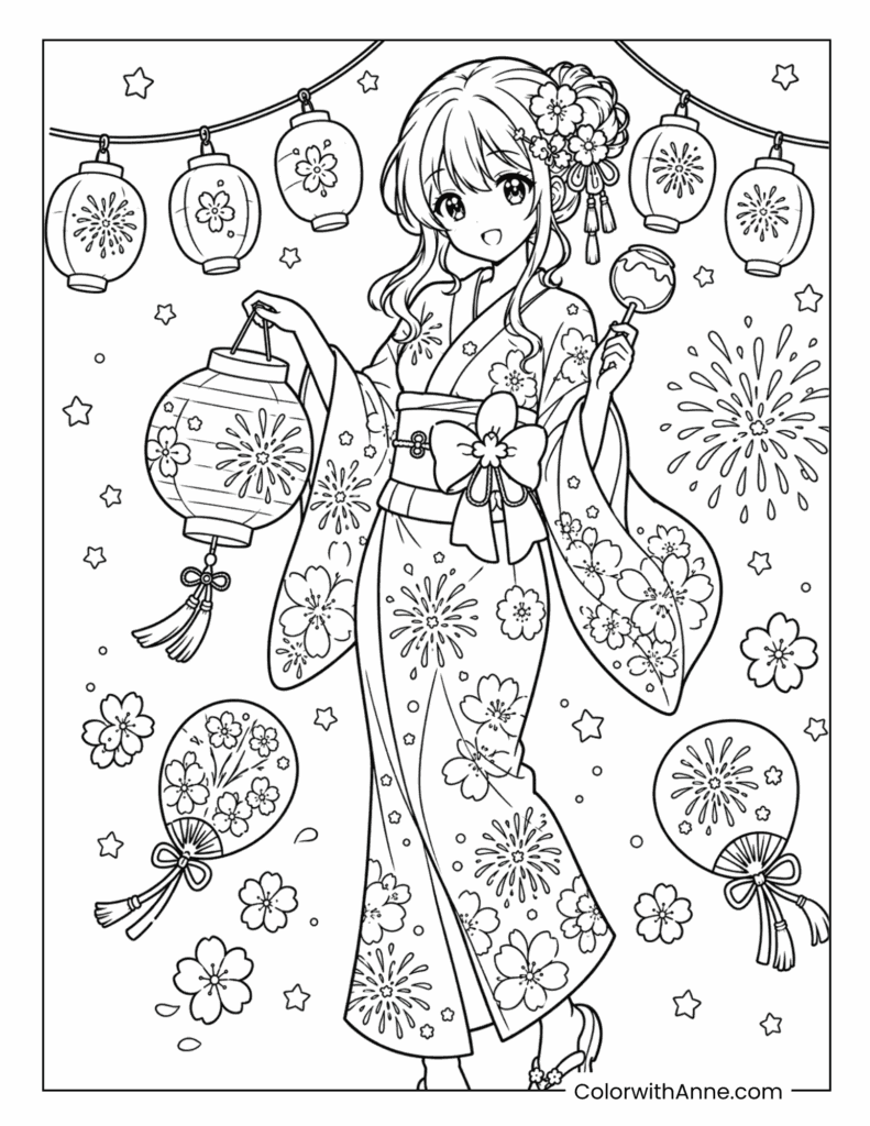 Summer Festival Kimono Anime Girl Coloring Page