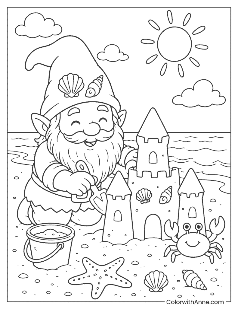 Summer Gnome at the Beach Coloring Page