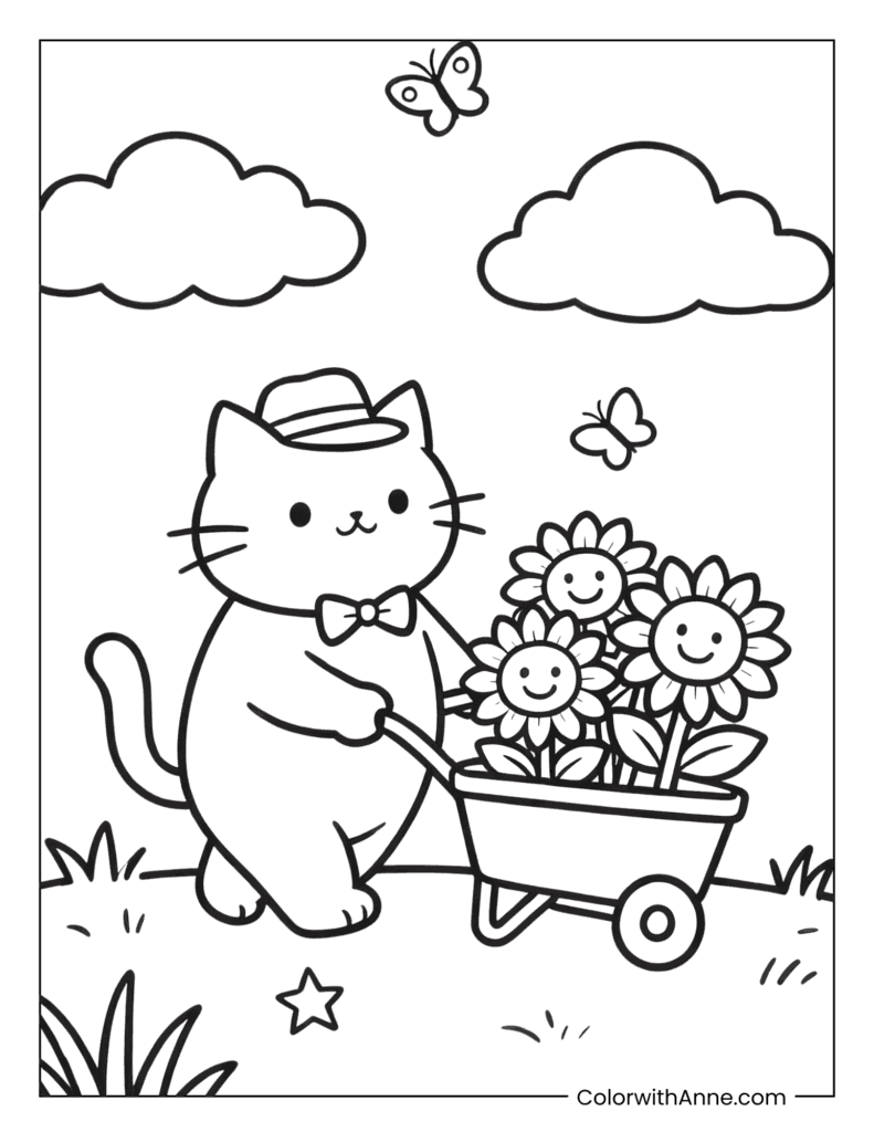 Sunflower Cart Kitty Coloring Page​