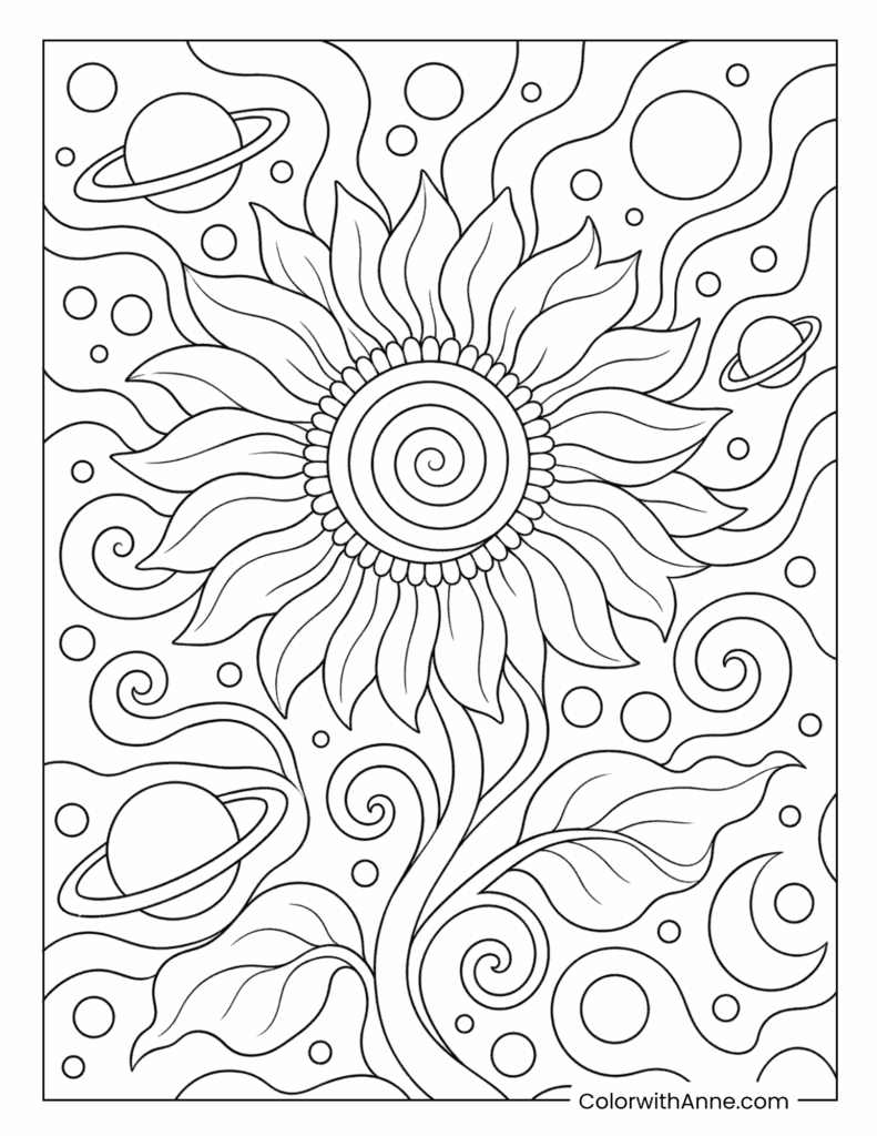 Sunflower In Cosmic Space Trippy Coloring Page