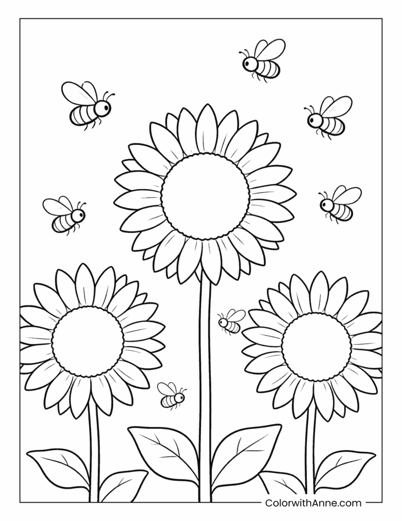 Sunflowers and Bees in a Summer Garden Coloring Page
