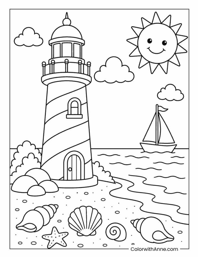 Sunny Beach Lighthouse with Sailboat and Seashells Coloring Page