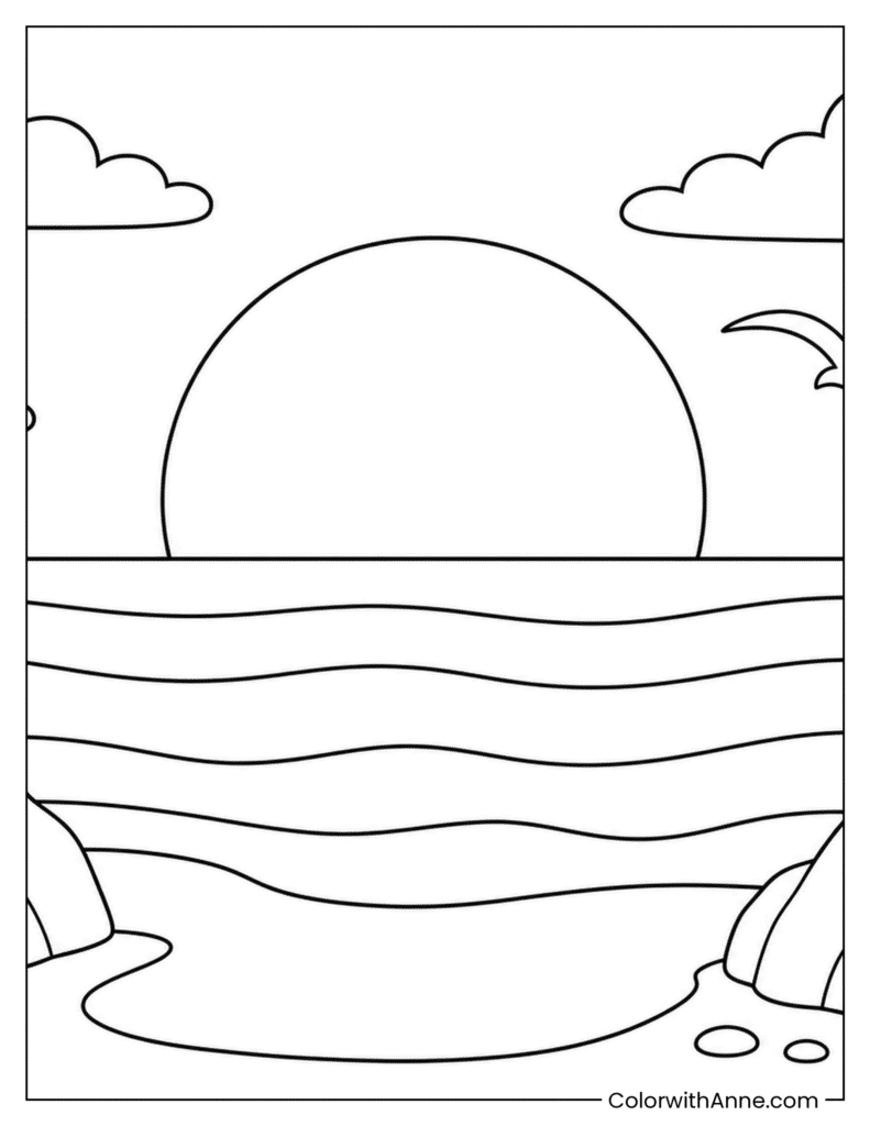 Sunset Over the Ocean Coloring Page