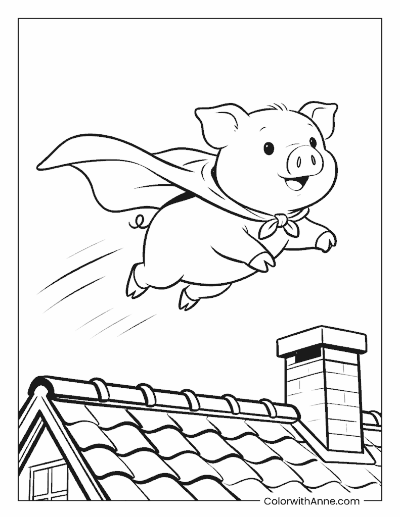 Super Pig Flying Over Rooftops Coloring Page