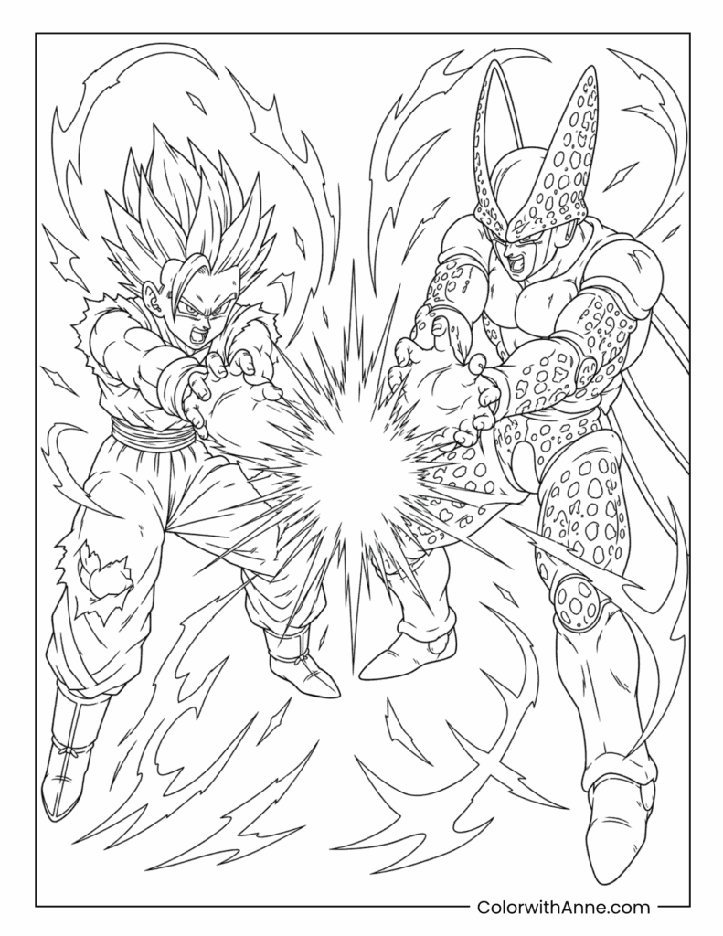 Super Saiyan Gohan vs. Cell Energy Clash Coloring Page