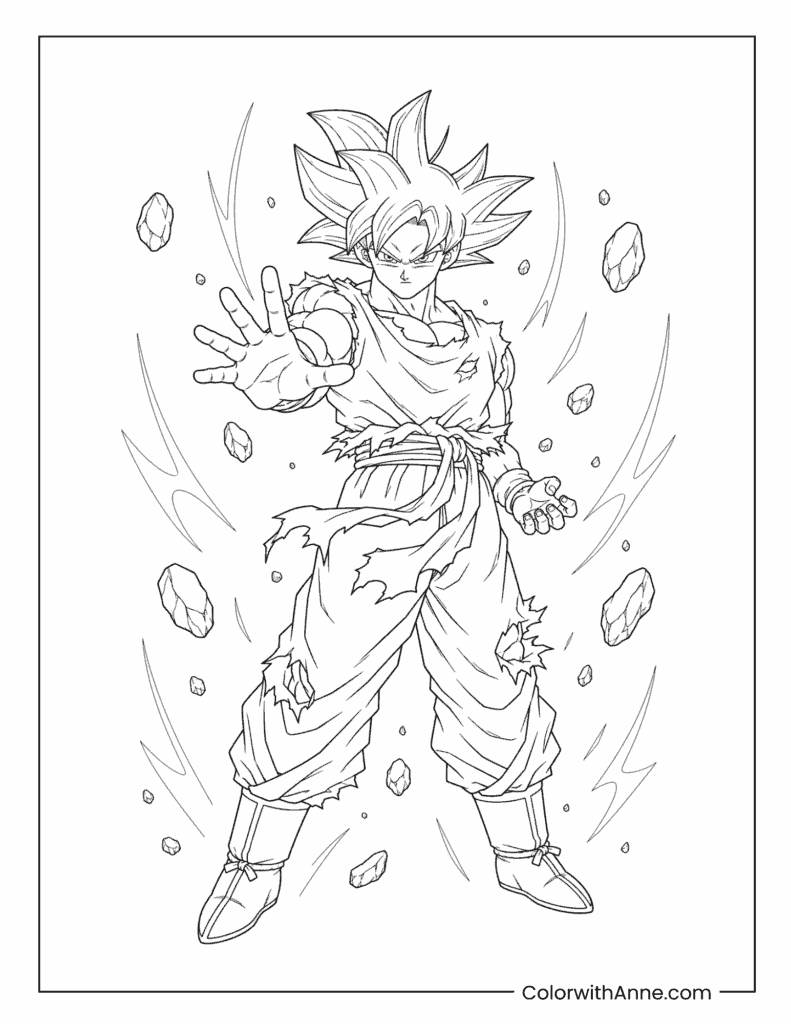 Super Saiyan Goku Power-Up with Floating Rocks Coloring Page