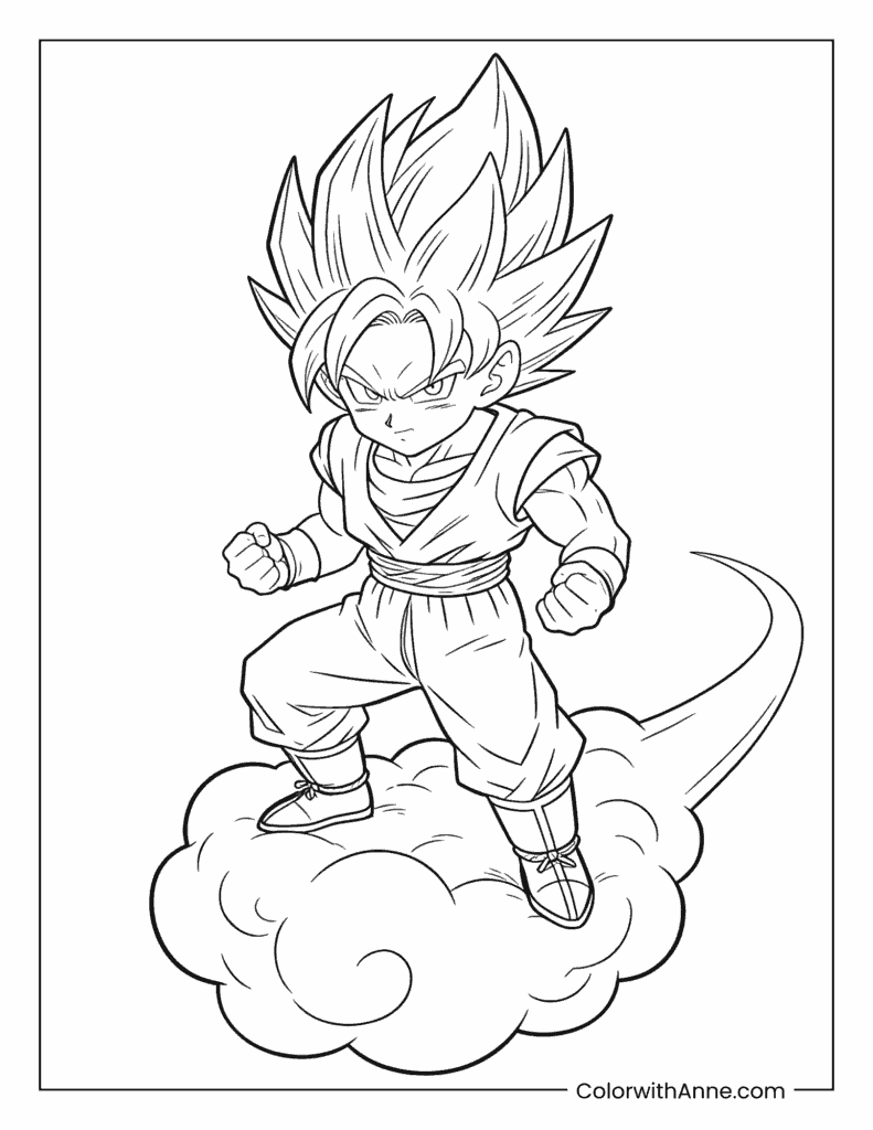Super Saiyan Goku Standing on a Magical Cloud Coloring Page