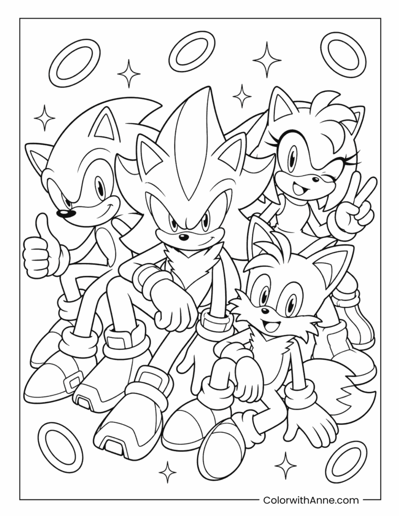 Super Shadow and Sonic Friends Fun Pose Coloring Page