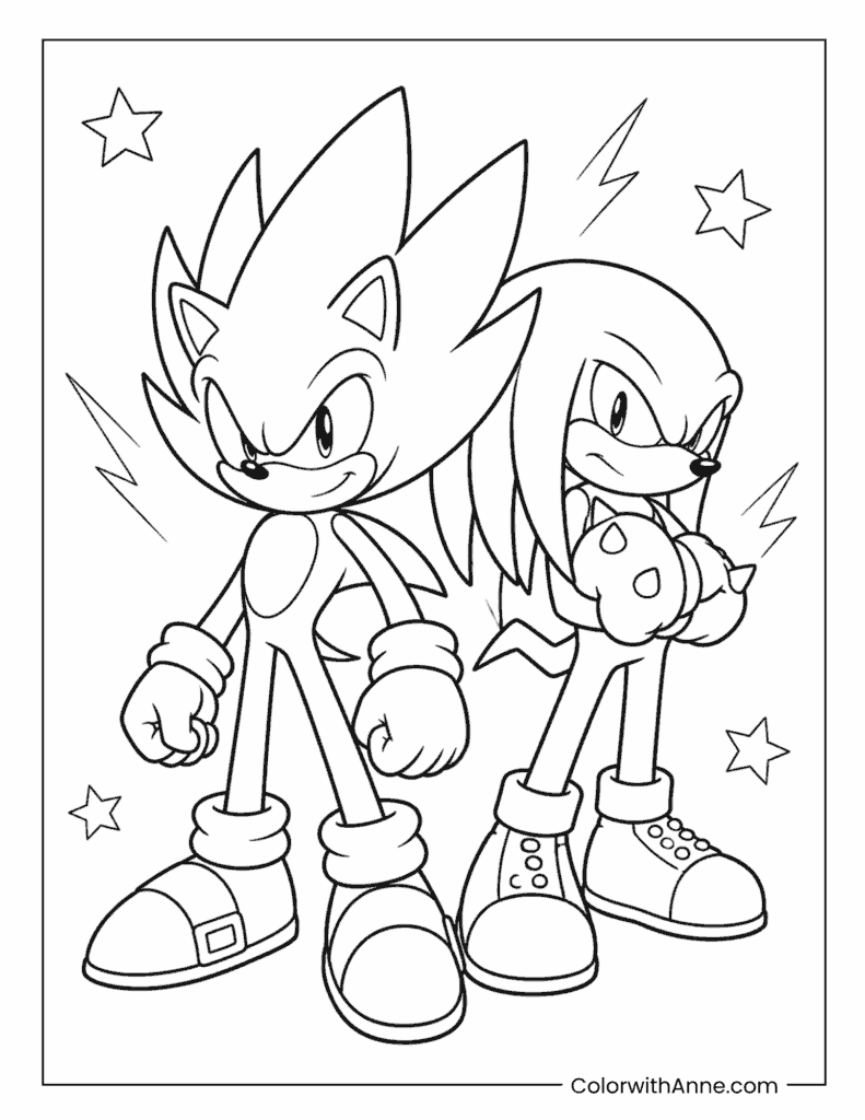 Super Sonic And Knuckles Back To Back Coloring Page