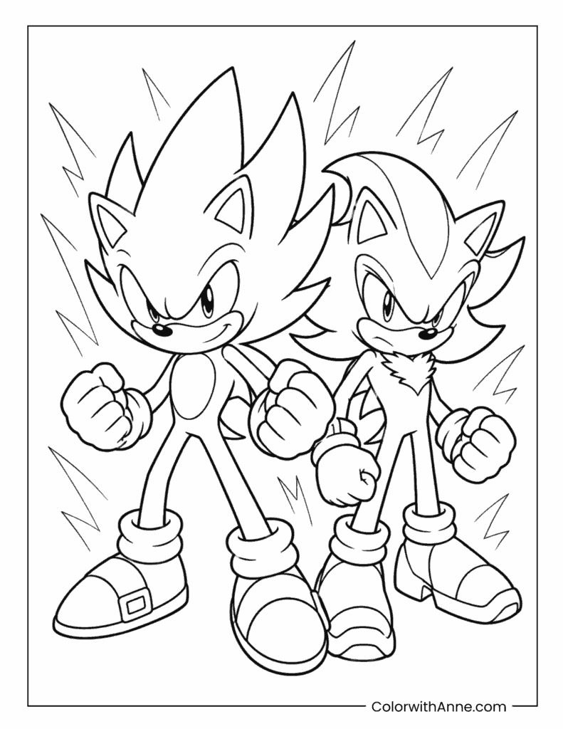 Super Sonic And Shadow Standing Side By Side With Lightning Bolts Coloring Page