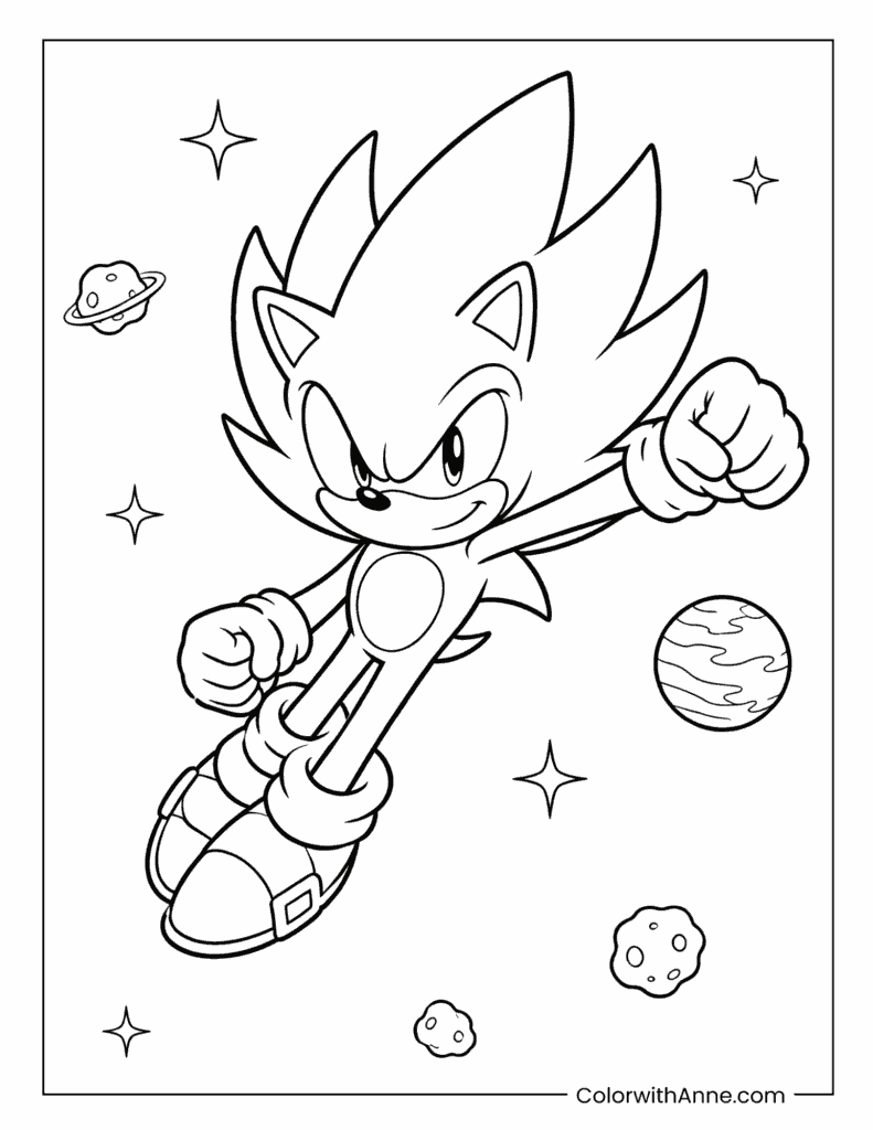 Super Sonic Flying Through Space With Planets Coloring Page