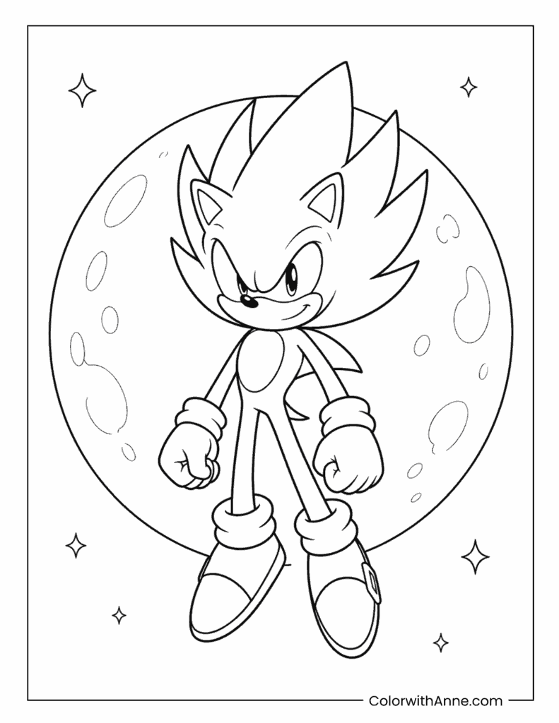 Super Sonic Standing In Front Of Full Moon Coloring Page