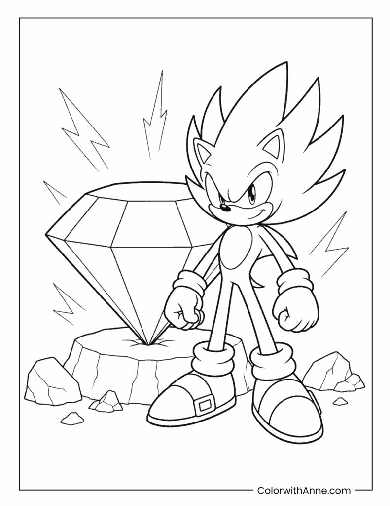 Super Sonic Standing Next To Giant Chaos Emerald Coloring Page