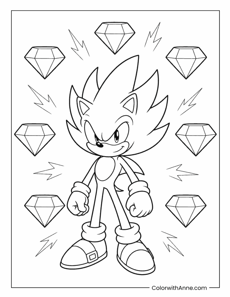 Super Sonic With Chaos Emeralds And Lightning Bolts Coloring Page