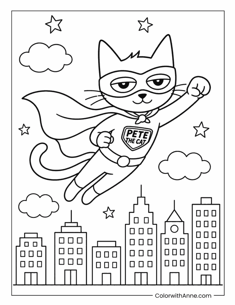 Superhero Pete the Cat Coloring Page for Kids