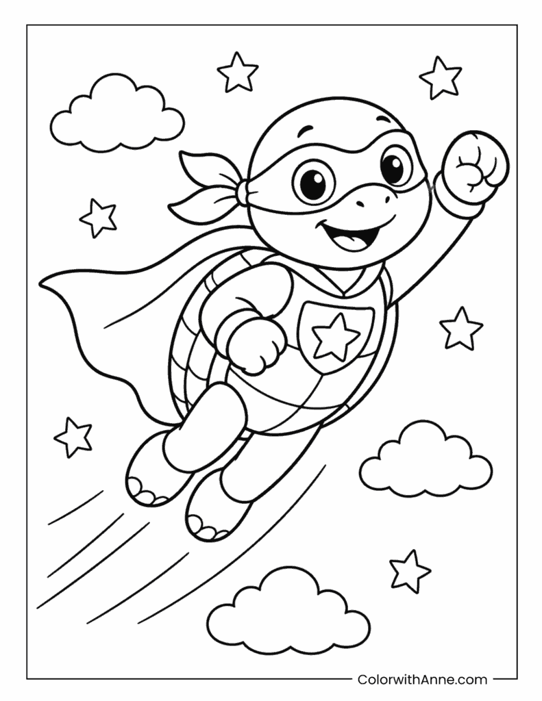 Superhero Turtle Flying Through the Sky Coloring Page