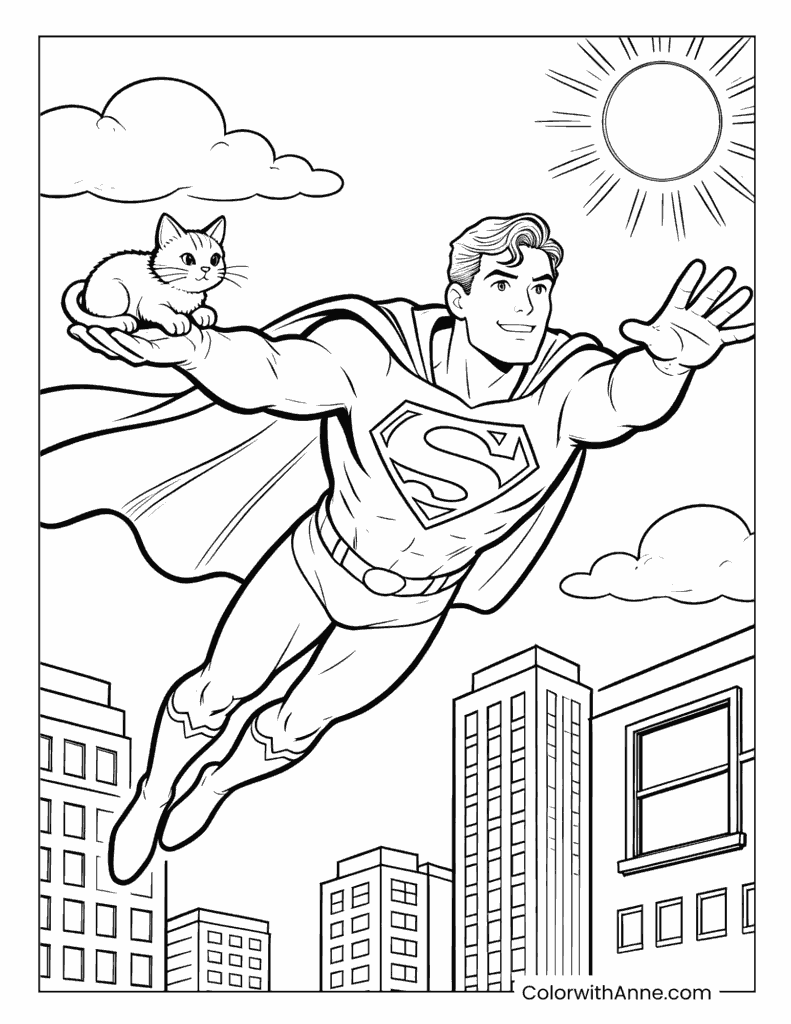 Superman Carrying a Cat Over City Skyline Cute Coloring Page