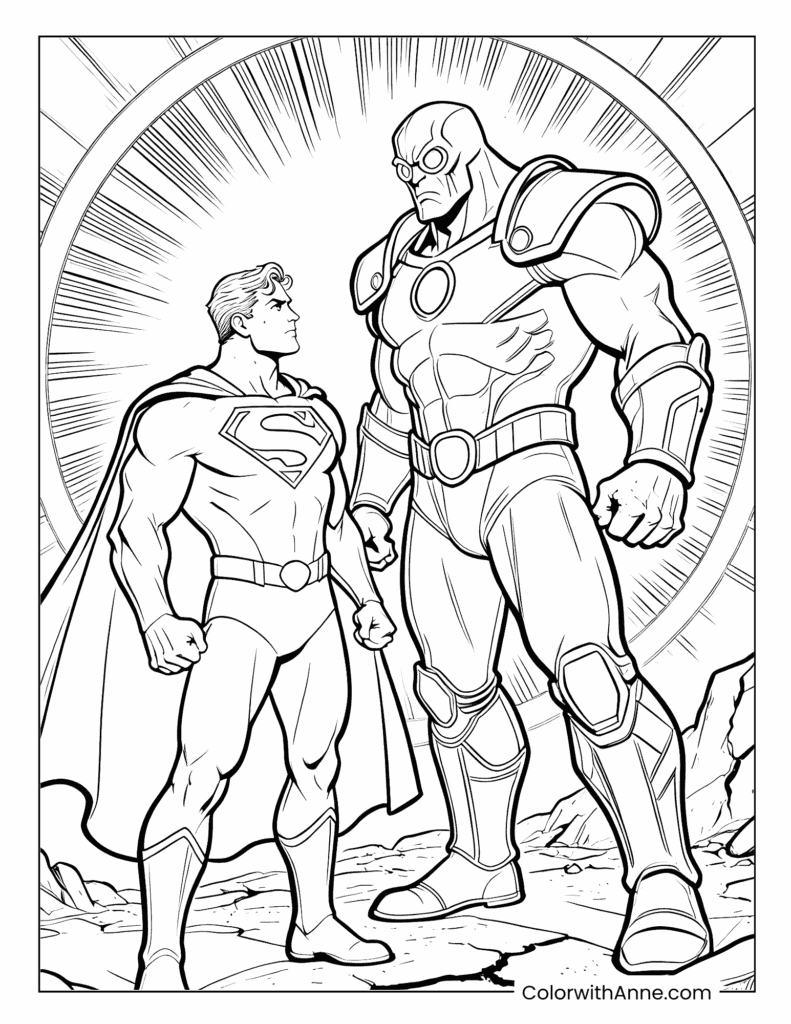 Superman vs. Armored Villain Dynamic Pose Coloring Page