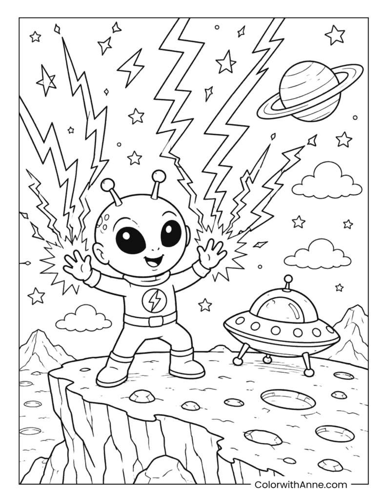 Superpower Alien Creating Lightning Beside a UFO Coloring Page