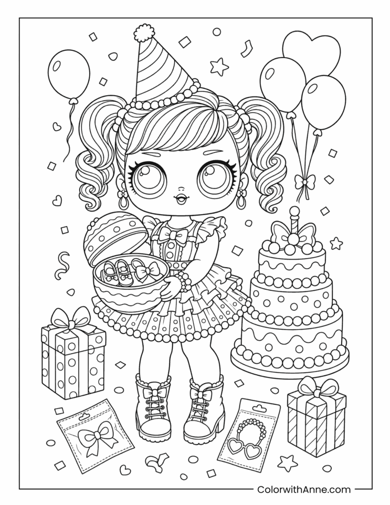 Surprise Birthday Party Doll Celebration Coloring Page
