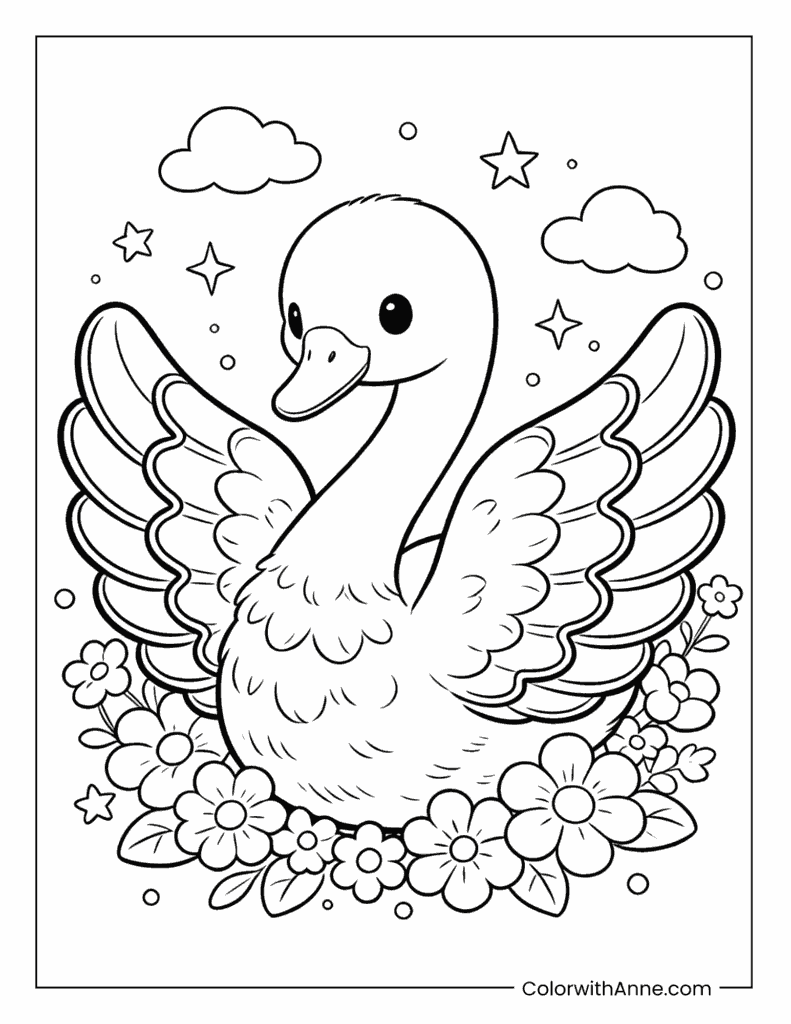 Swan Among Flowers and Stars Coloring Page