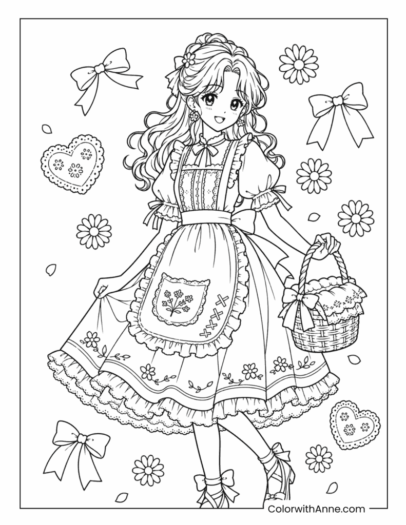 Sweet Apron Anime Girl with Basket Coloring Page