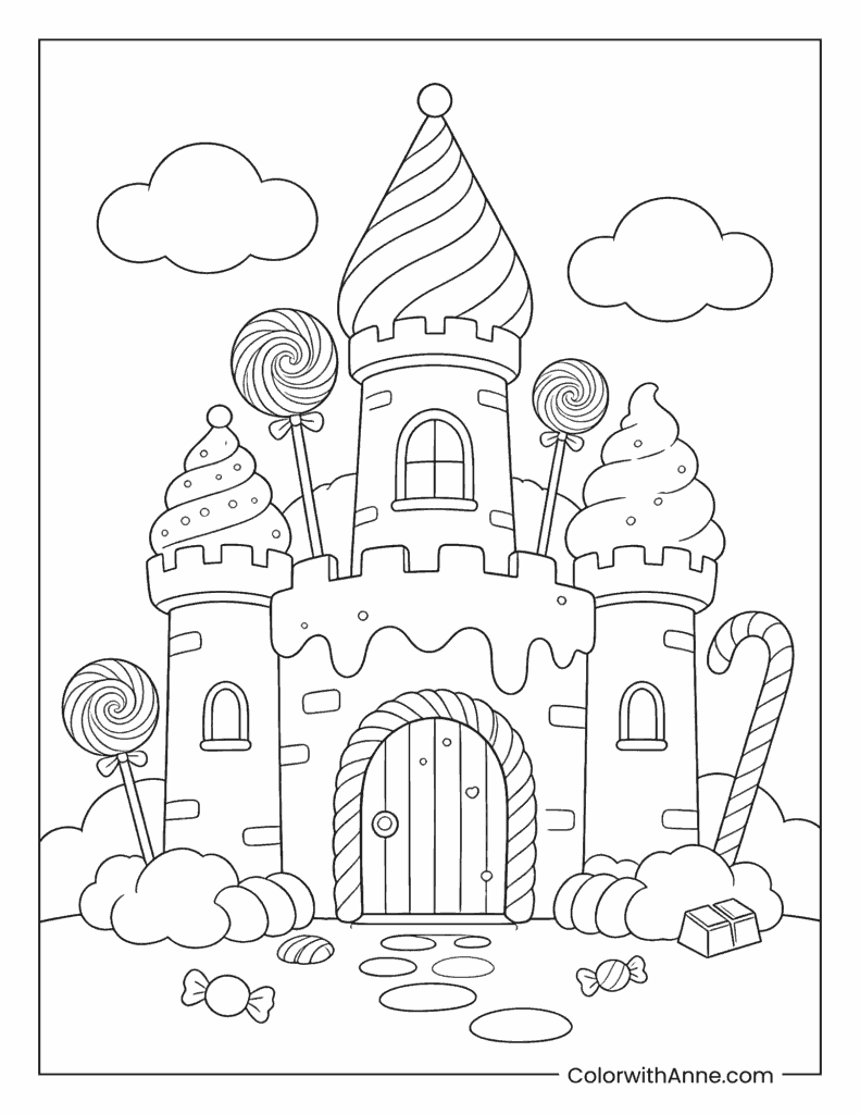 Sweet Candy Castle with Lollipops Coloring Page