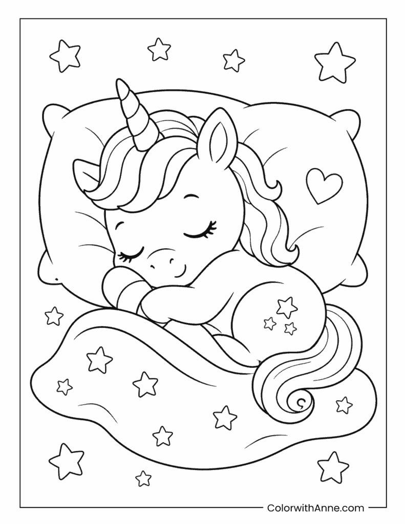 Sweet Dreams Baby Unicorn Sleeping in Bed Coloring Page
