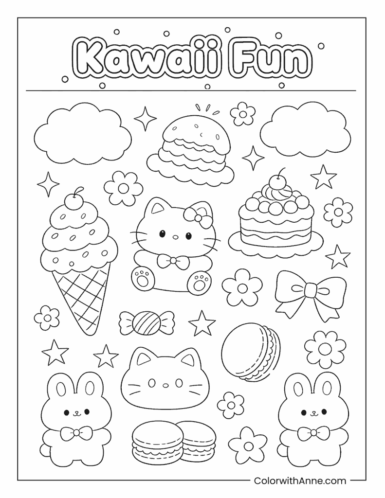 Sweet Treats and Happy Animals Kawaii Coloring Page