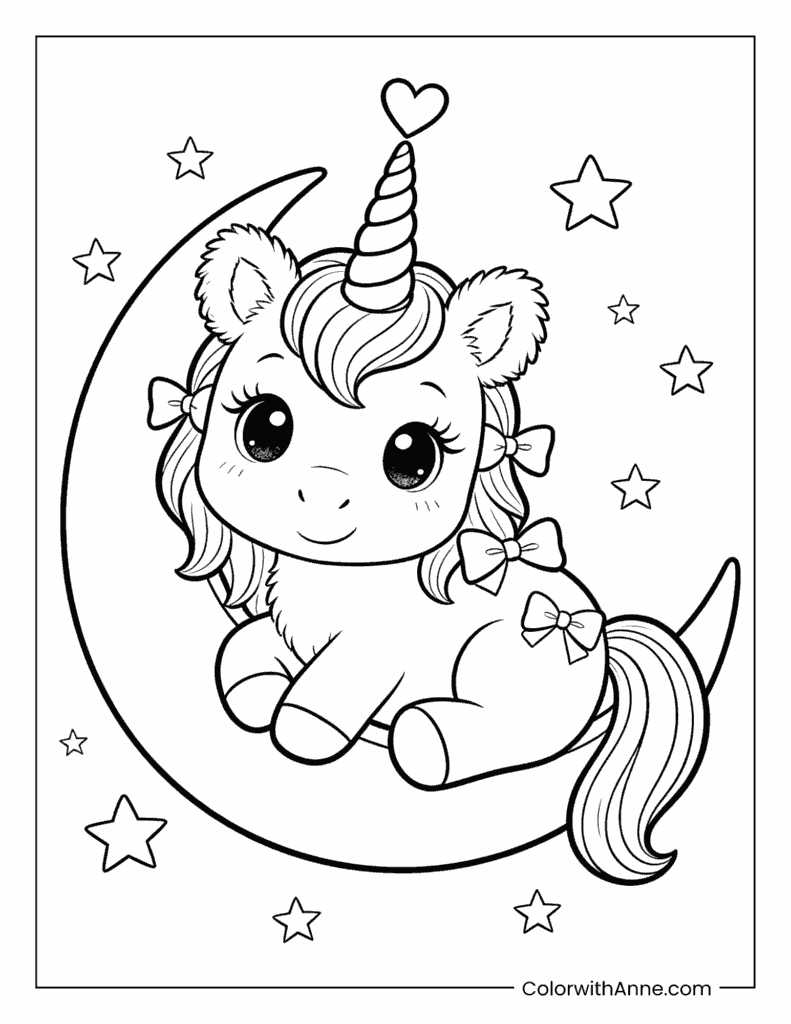 Sweet Unicorn Sitting on a Crescent Moon Coloring Page