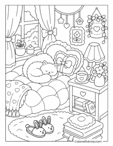 Sweet and cozy bedroom retreat coloring page