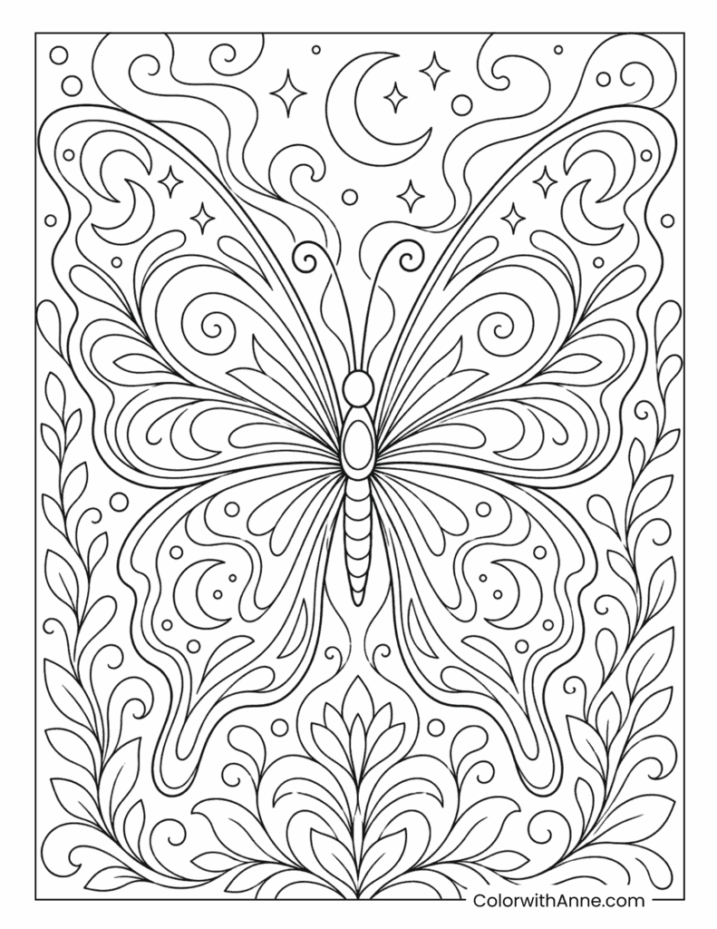 Swirling Butterfly In Night Sky Trippy Coloring Page