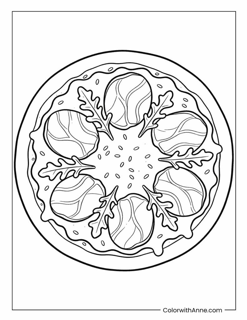 Symmetrical Pizza with Leafy Garnish Coloring Page