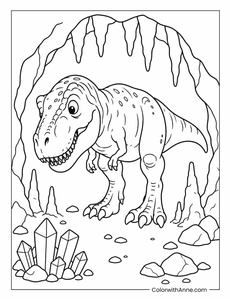 T-Rex Exploring a Crystal Cave Coloring Page