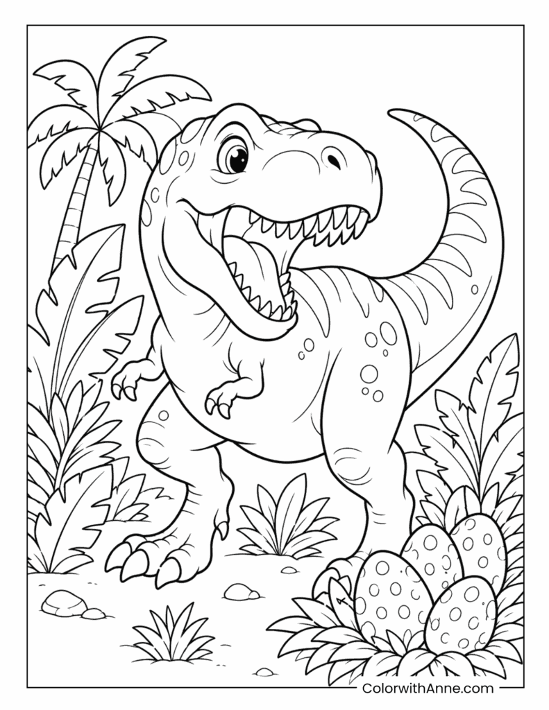 T-Rex Guarding Dinosaur Eggs in the Jungle Coloring Page