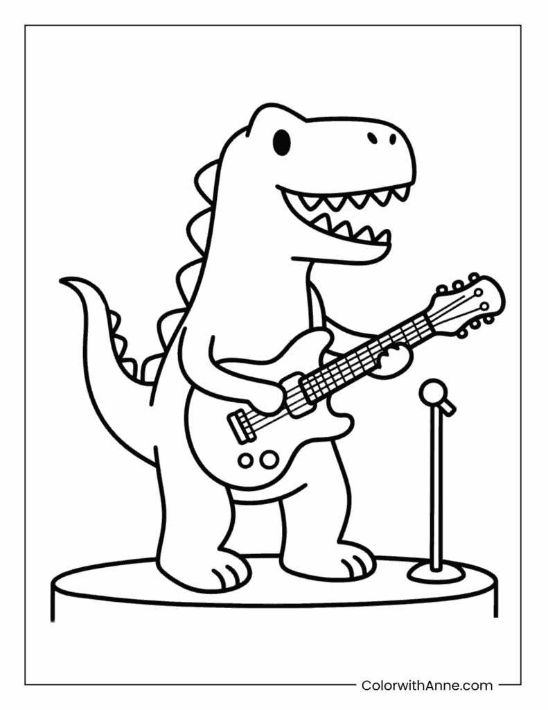T-Rex Playing a Guitar on Stage Coloring Page