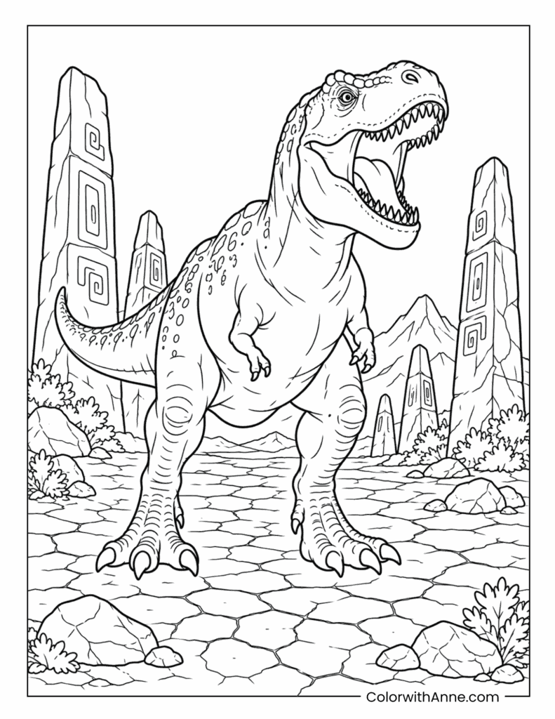 T-Rex Roaring Among Ancient Stone Pillars Coloring Page