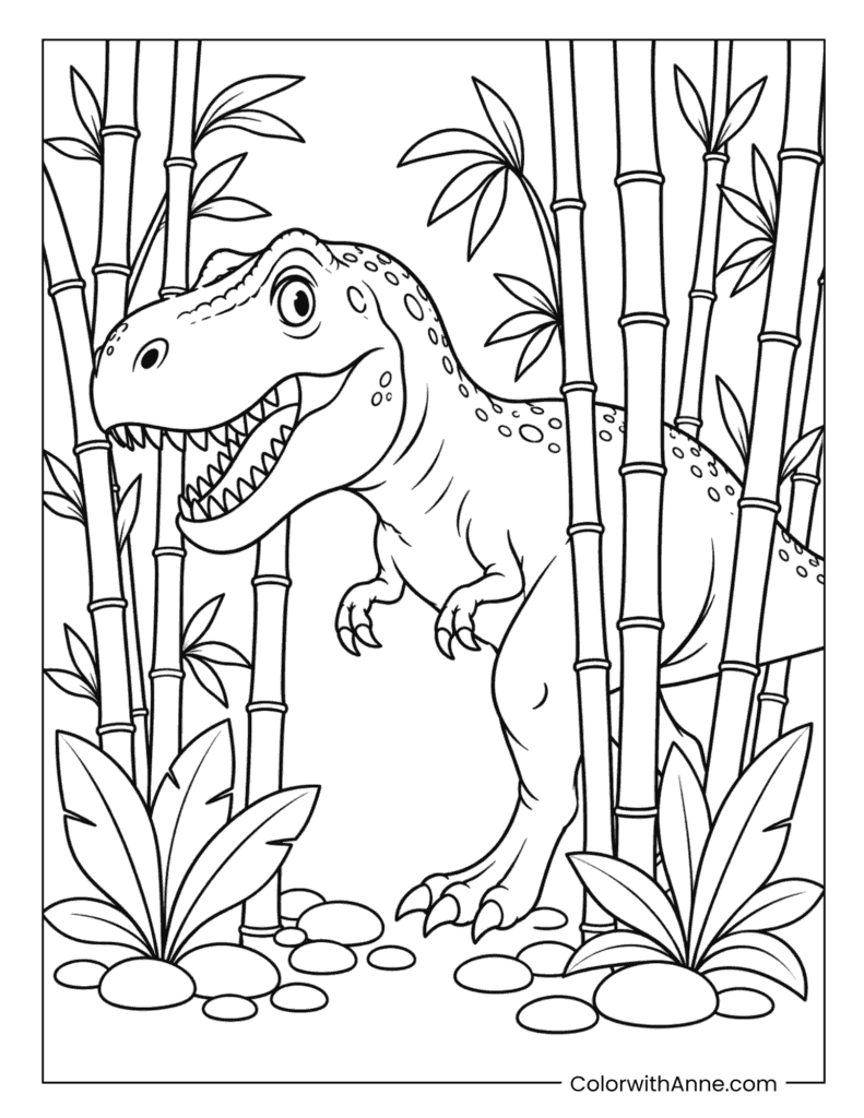 T-Rex Walking Through a Bamboo Forest Coloring Page