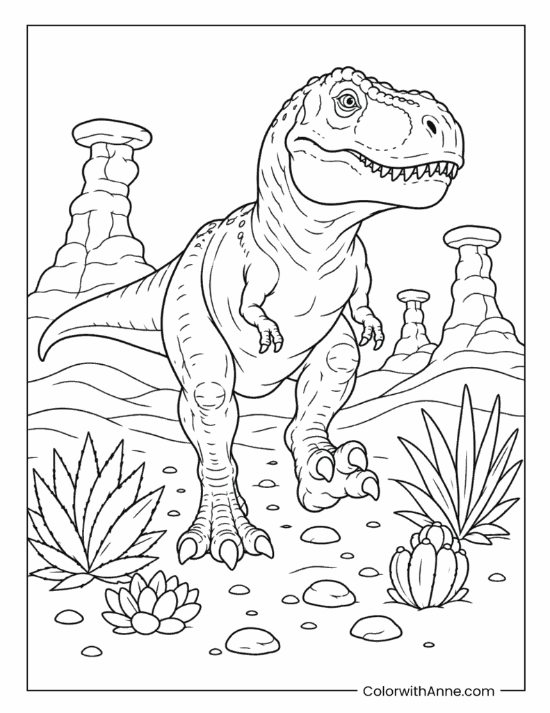 T-Rex Walking Through a Prehistoric Desert Coloring Page