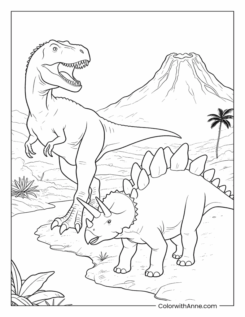 T-Rex vs. Triceratops Battle with Volcano Background Coloring Page