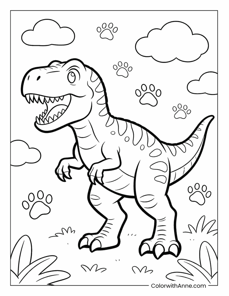 T-rex with Clouds and Dino Footprints Coloring Page